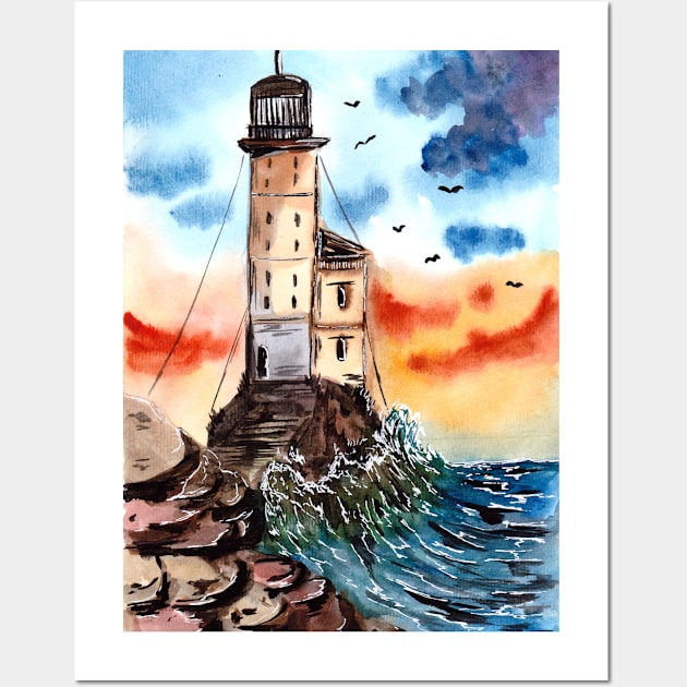 LIghthouse on a Rock Wall Art by ZeichenbloQ